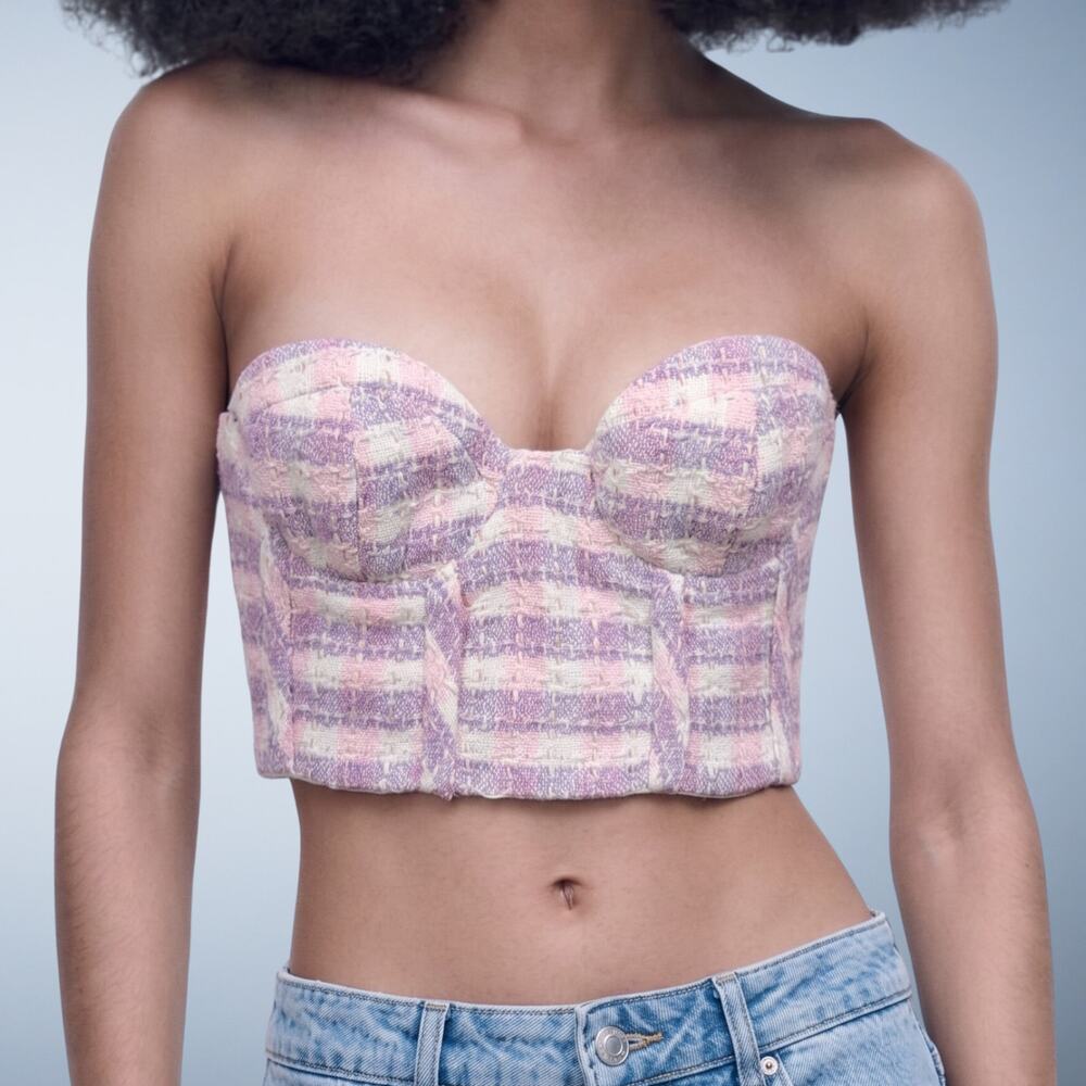 Zara Pink Lilac Tweed Bustier Corset Crop Top Sweetheart Neckline Size Small